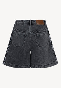 Black MIREYA wide-leg denim shorts with contrast trim