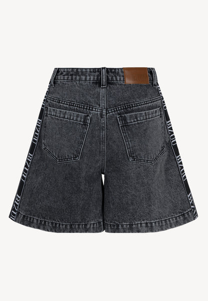 Black MIREYA wide-leg denim shorts with contrast trim