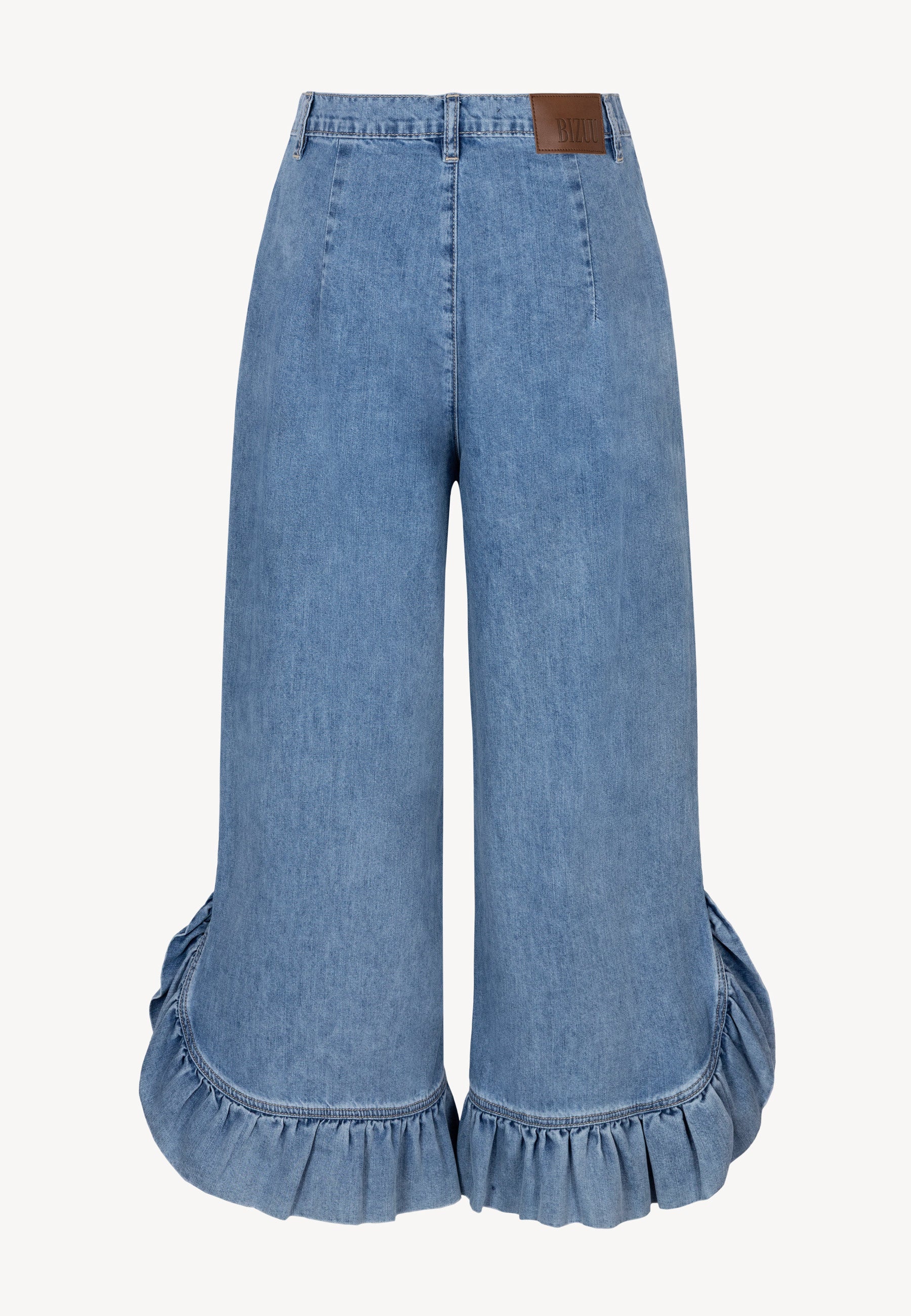NELLA denim trousers with wide legs and a ruffle detail. – Bizuu