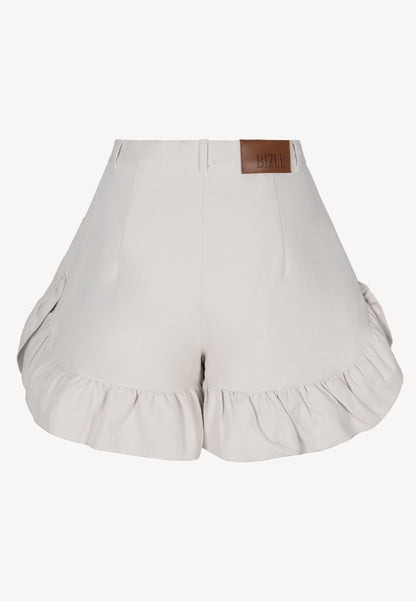 Cream NEYO shorts finished with ruffles