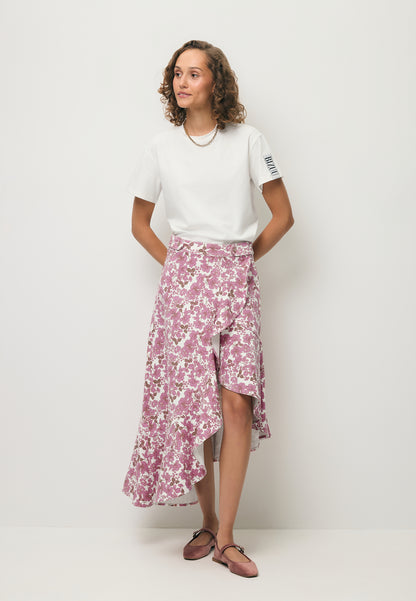 Asymmetrical NIIAM denim skirt in a pink floral print