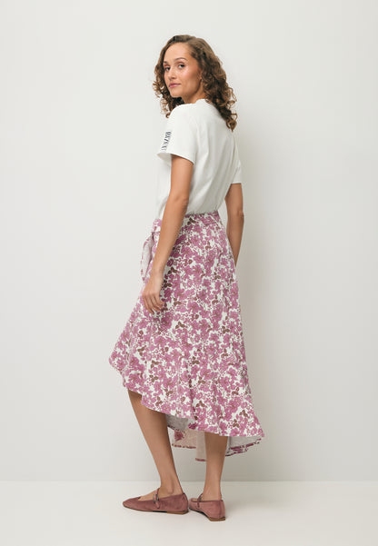 Asymmetrical NIIAM denim skirt in a pink floral print