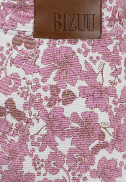 Asymmetrical NIIAM denim skirt in a pink floral print