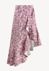 Asymmetrical NIIAM denim skirt in a pink floral print