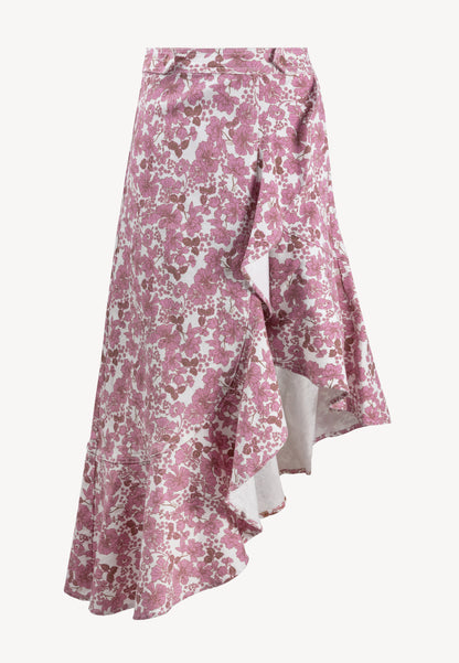 Asymmetrical NIIAM denim skirt in a pink floral print