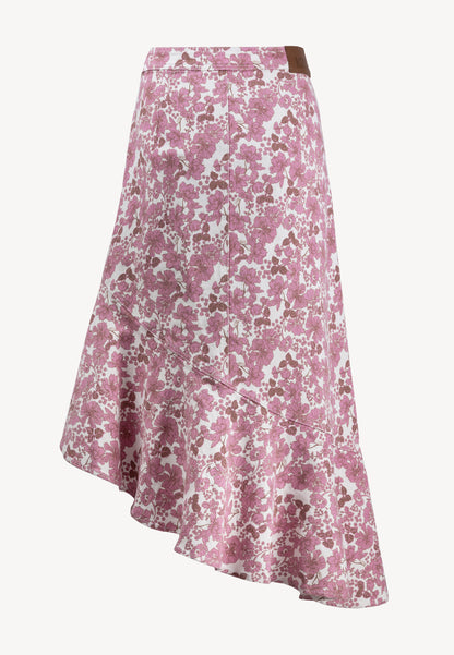 Asymmetrical NIIAM denim skirt in a pink floral print