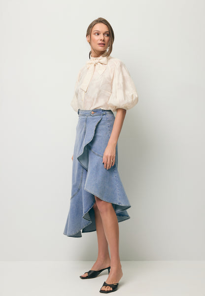 Blue NIIA denim skirt with a ruffle