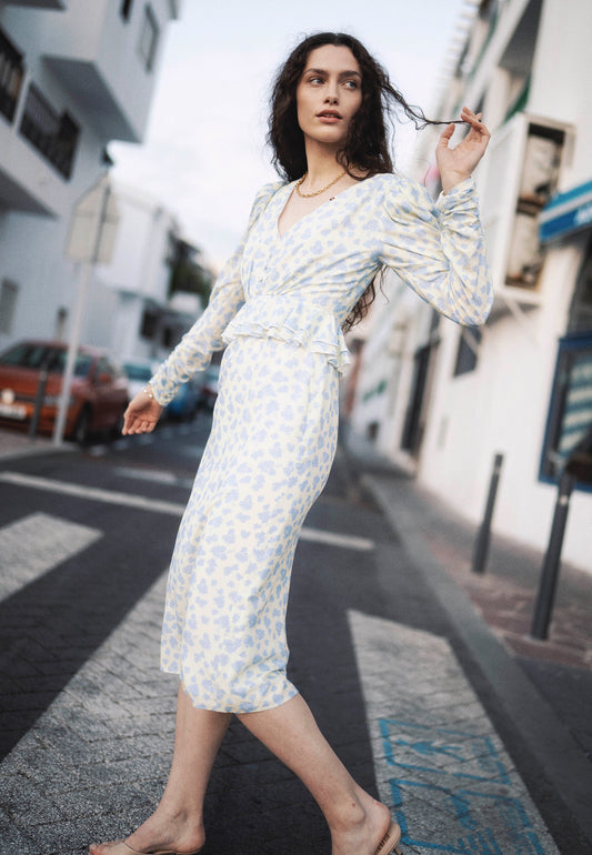 Cream midi dress with a floral print NOEMIE