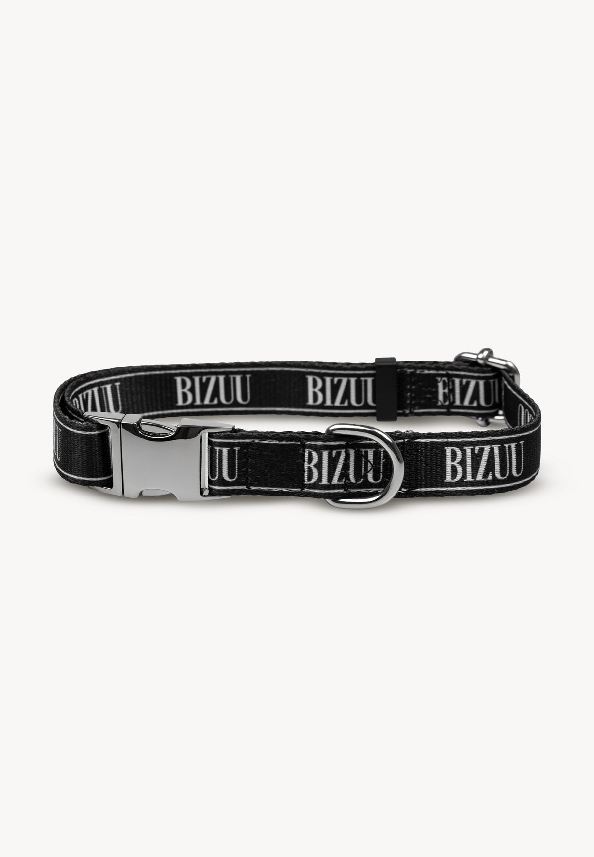Black collar with white Bizuu logo on white background.