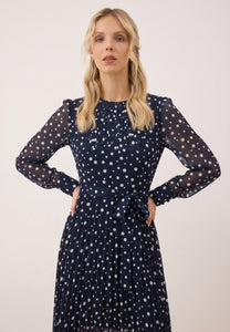 Navy polka dot dress with a pleated hem – NYLA