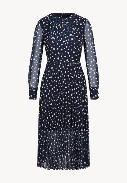 Navy polka dot dress with a pleated hem – NYLA
