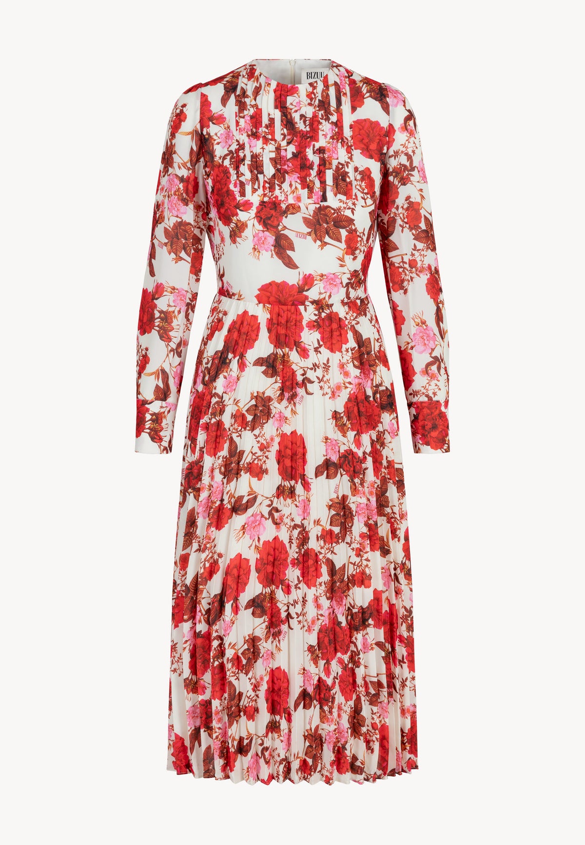 NYLA dress with floral print, midi length, pleated hem.