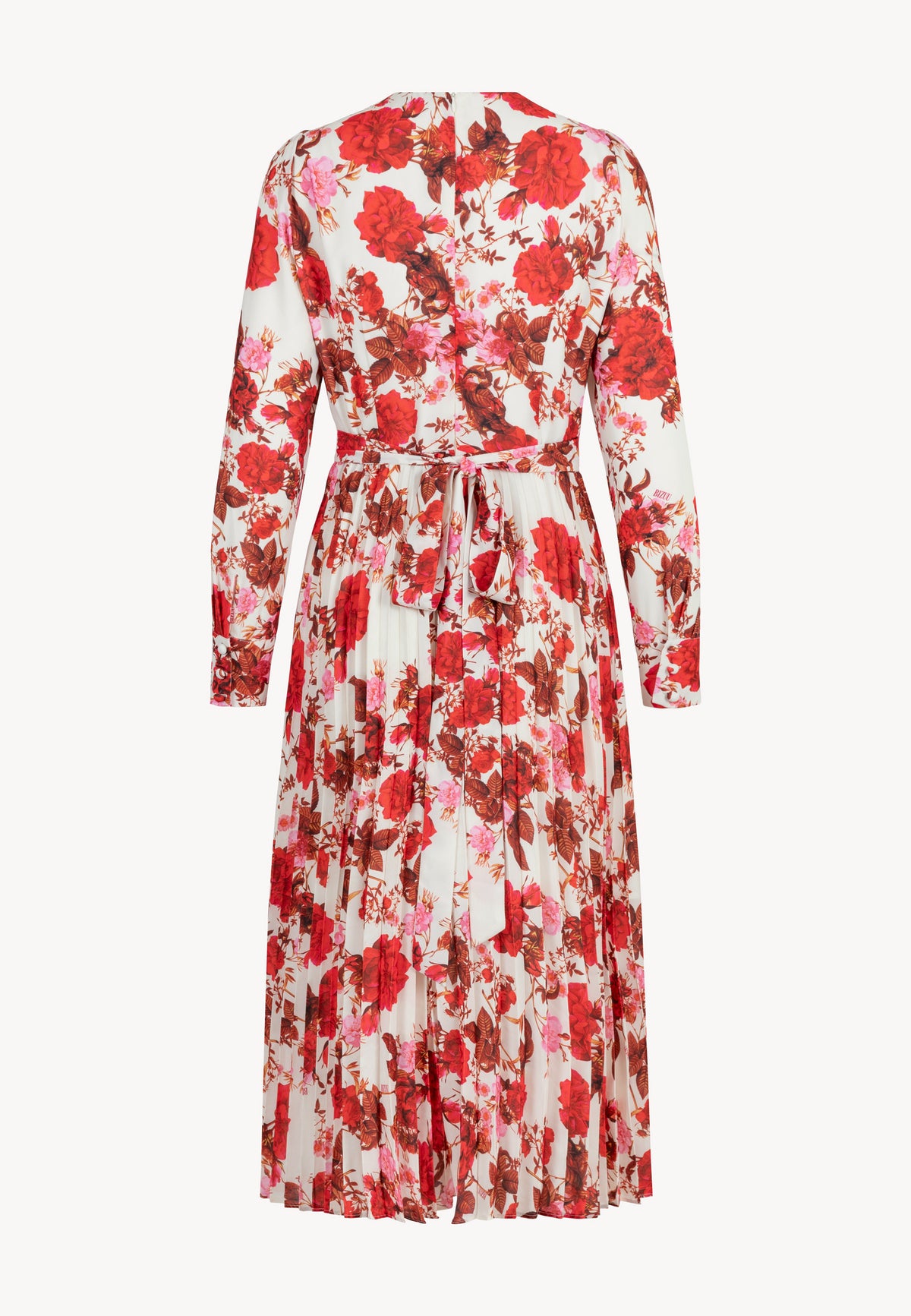 The back of the NYLA dress features a floral print, midi length, and pleated hem.