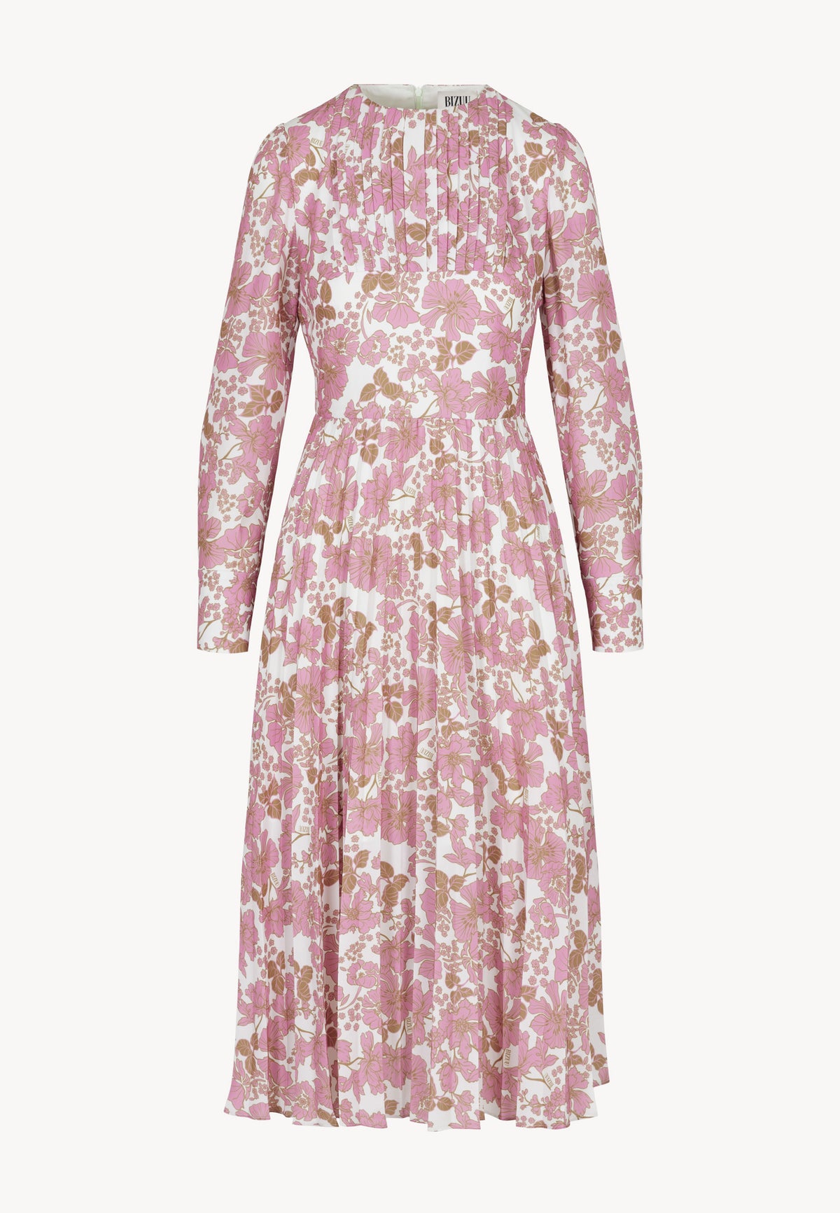 The front of a pink dress with a floral print by NYLA with a pleated hem.