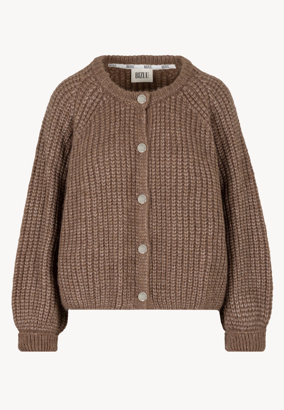 Front view of the brown button-up ORNAMY sweater.