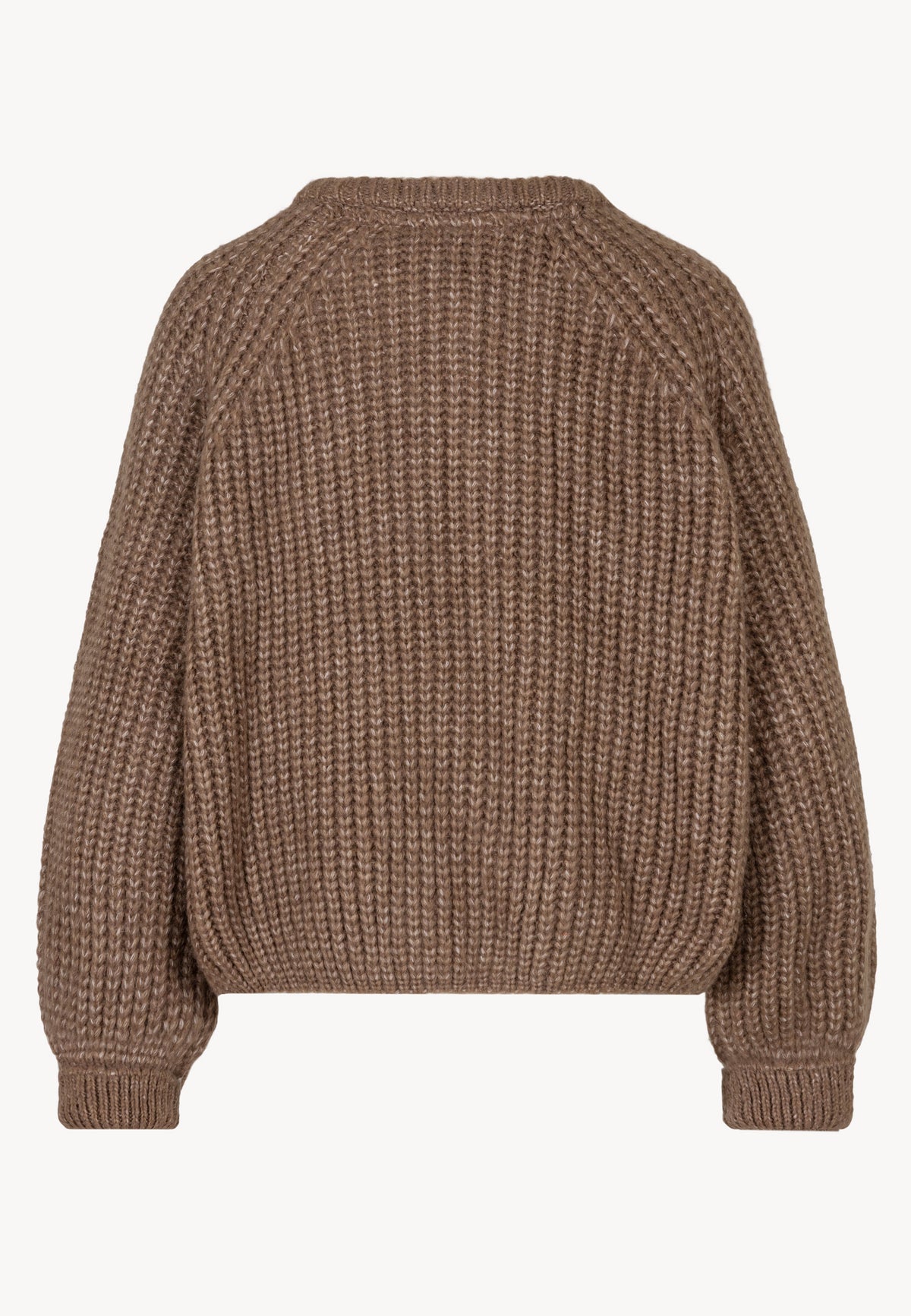 Back view of the brown ORNAMY sweater fastened with golden buttons.