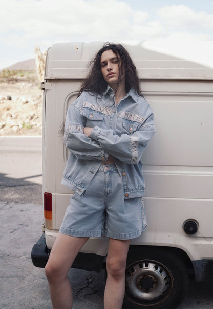 Light blue MIREYA wide-leg denim shorts with contrast trim