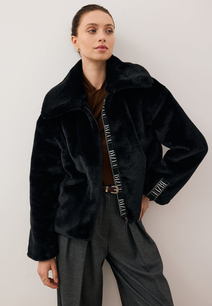Black PIACENZA faux fur jacket with a straight cut