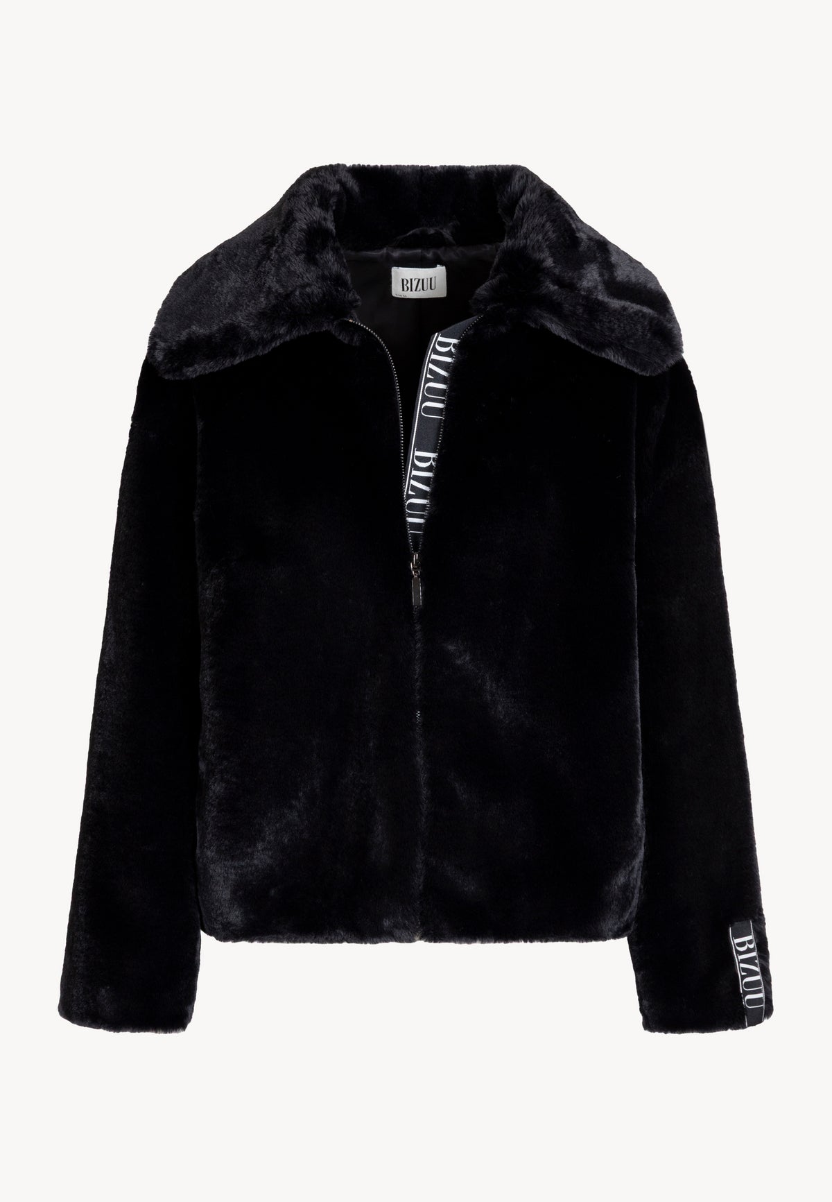 Front view of the short bomber-style PIACENZA faux fur jacket with logo tape along the zipper.