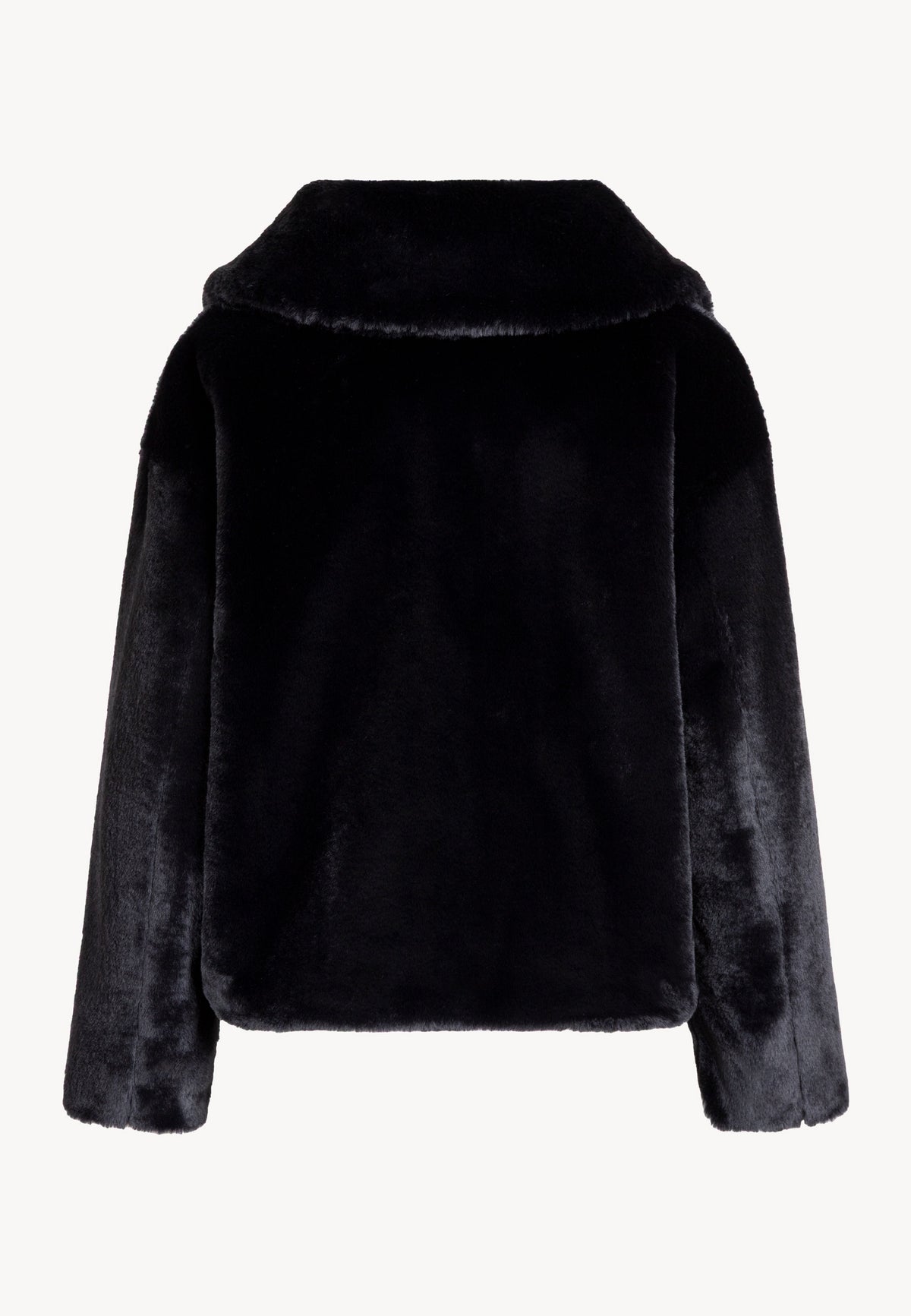Back view of the short black PIACENZA faux fur jacket.