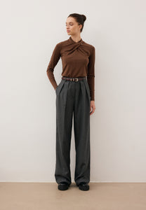 Brown long-sleeve top with decorative tie detail PINOWA