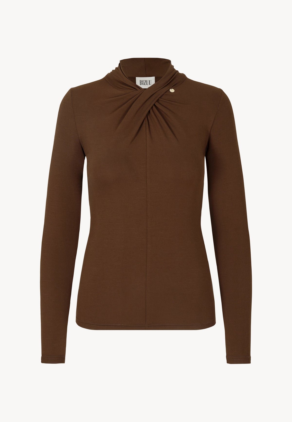 Front view of the brown long-sleeve PINOWA top with a decorative knot detail.