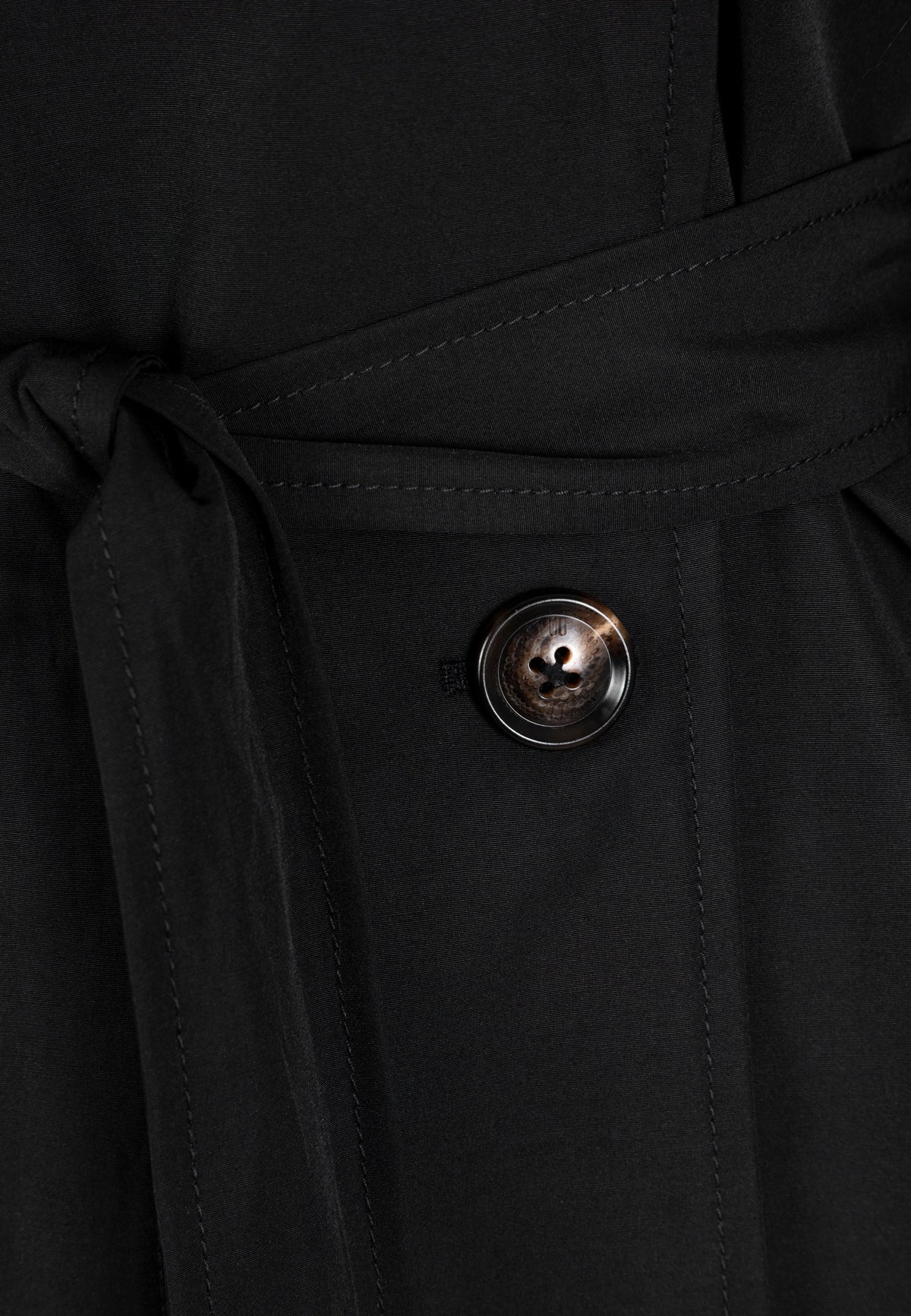 Close-up of the button and tie on the black RACHELLA coat.