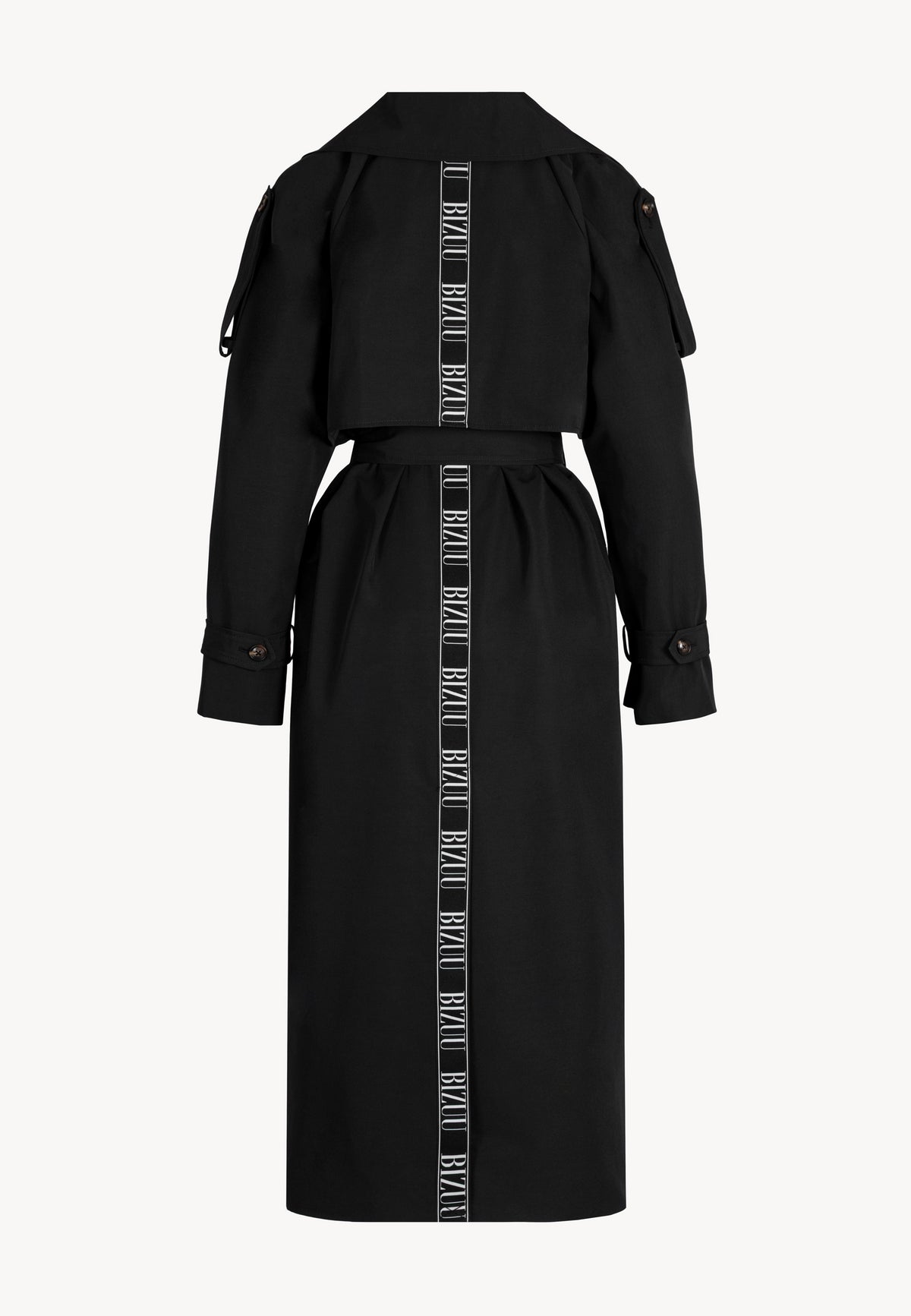The front of the black RACHELLA coat with a tie at the waist on a white background.