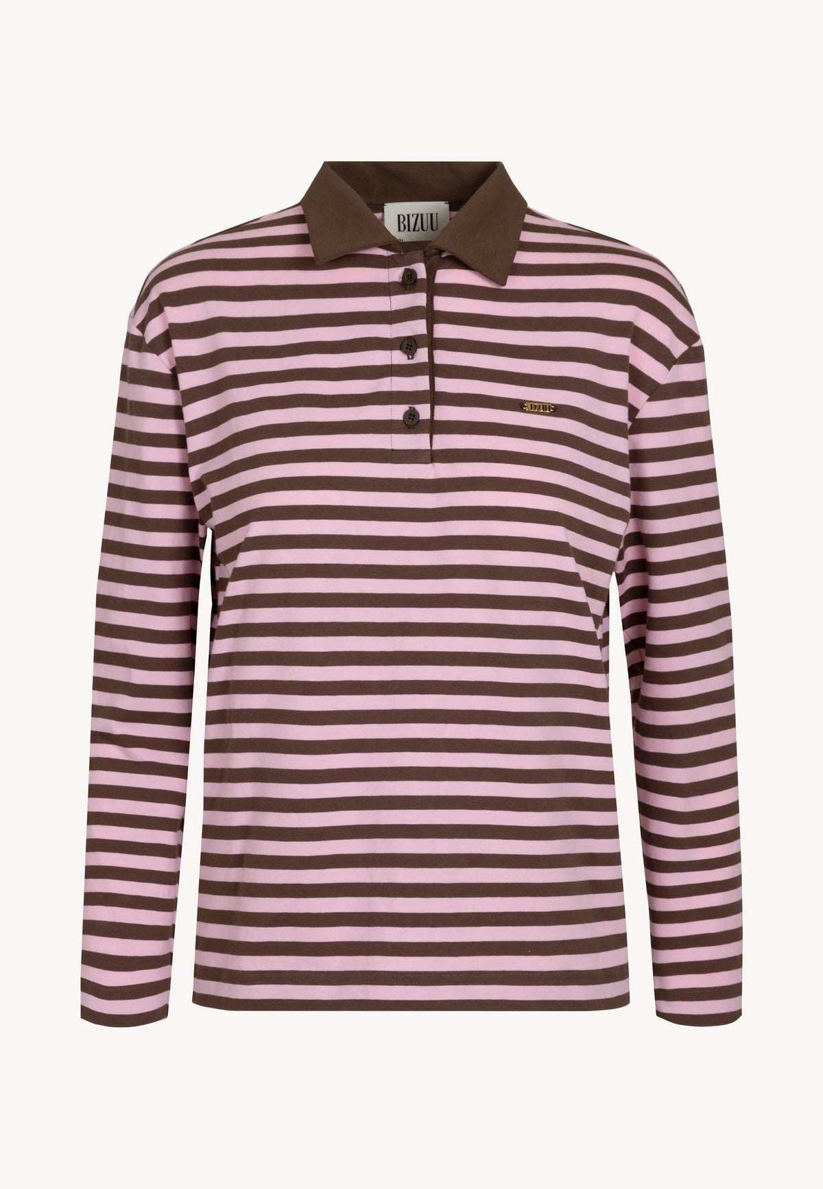 RAYA polo sweatshirt with brown and pink stripes and logo on the front.