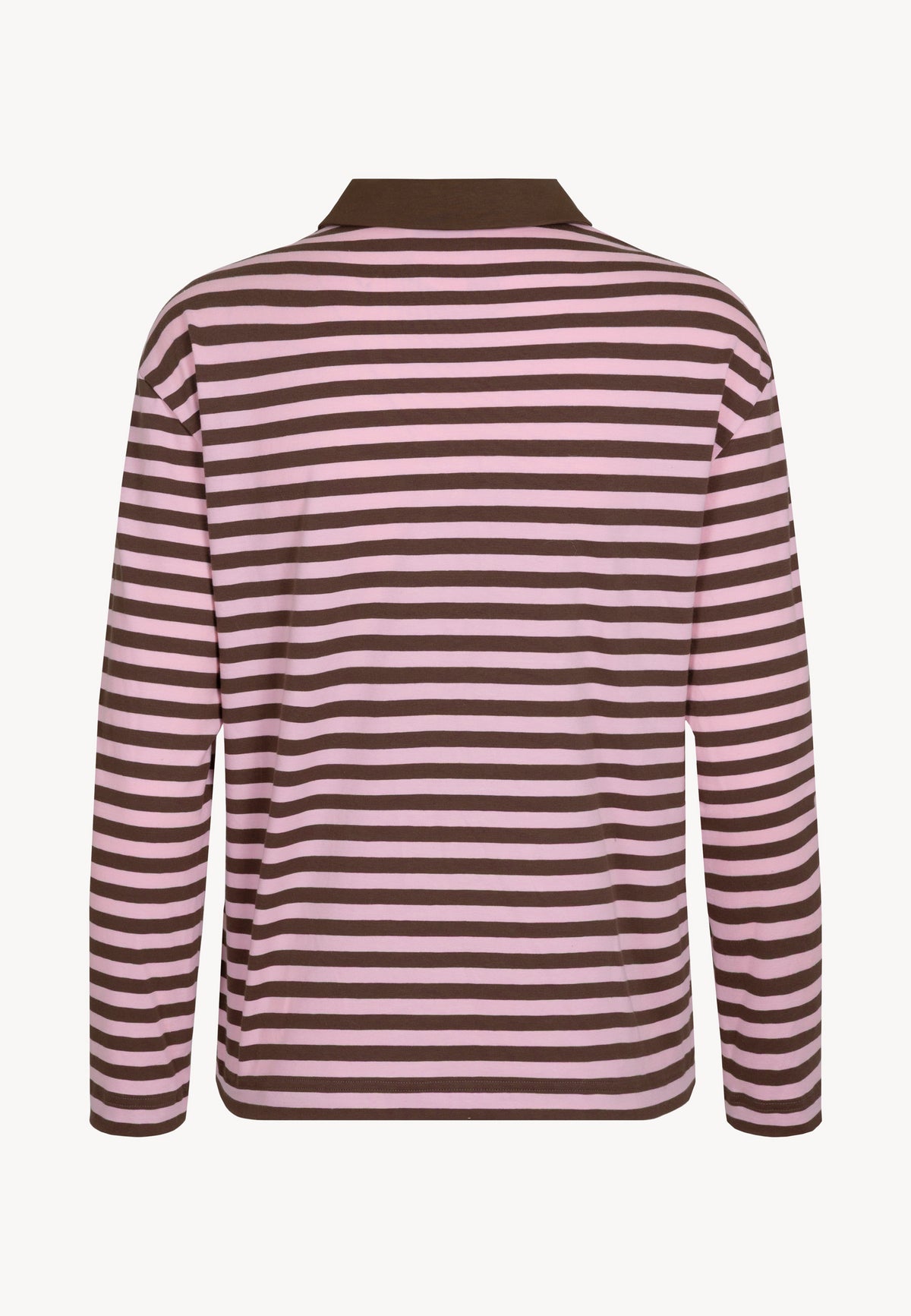 The back of the RAYA polo shirt in brown and pink stripes.
