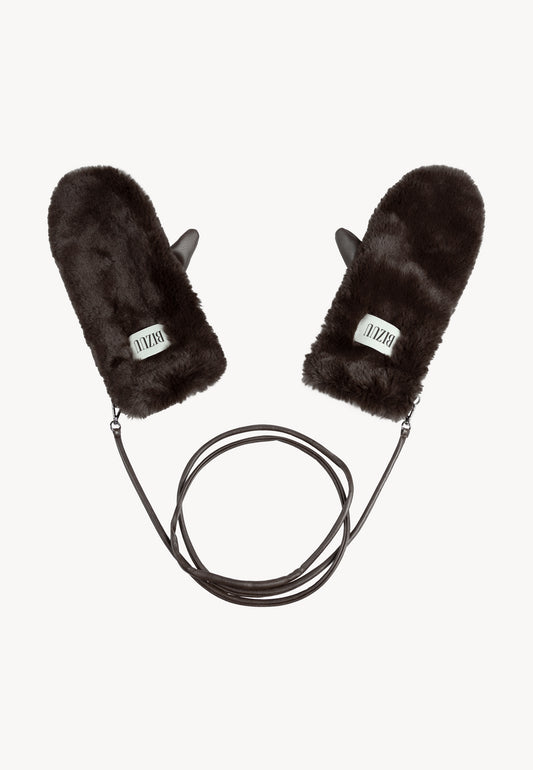 Brown faux fur ROKKA gloves with a branded logo label.