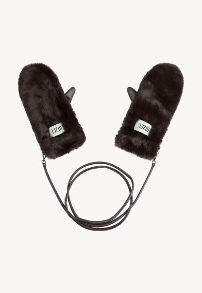 Brown faux fur ROKKA gloves with a branded logo label.