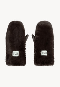 Brown faux fur ROKKA gloves with a branded logo label.