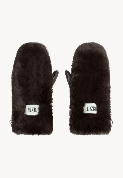 Brown faux fur ROKKA gloves with a branded logo label.