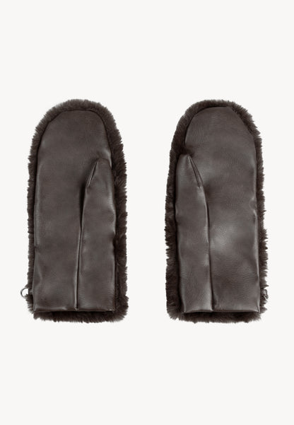 Brown faux fur ROKKA gloves with a branded logo label.