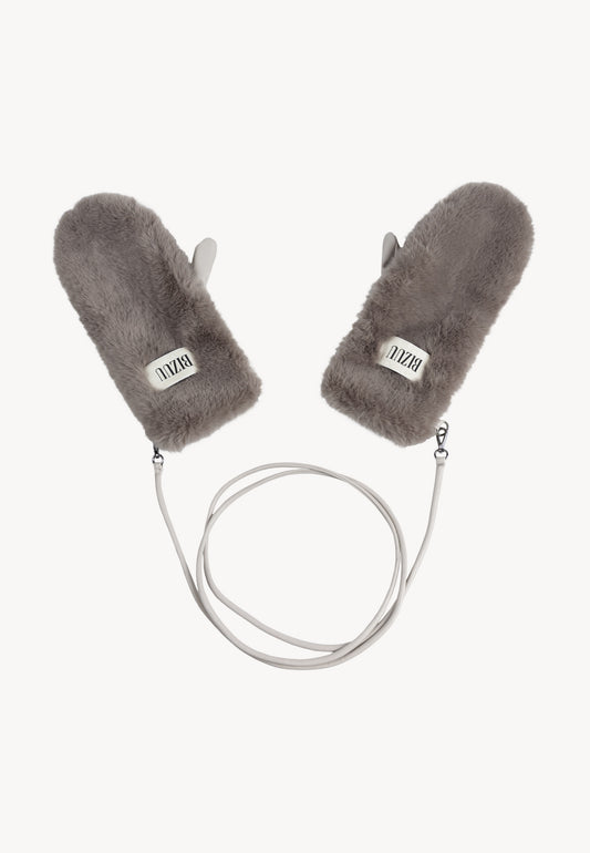 Taupe faux fur ROKKA gloves with a branded logo label.