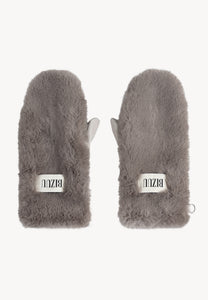 Taupe faux fur ROKKA gloves with a branded logo label.