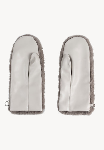 Taupe faux fur ROKKA gloves with a branded logo label.