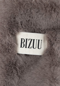 Taupe faux fur ROKKA gloves with a branded logo label.