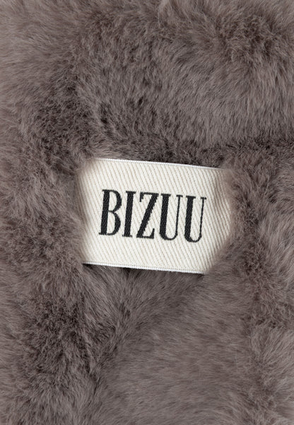 Taupe faux fur ROKKA gloves with a branded logo label.