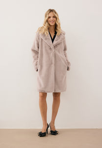 Beige ROMA women’s faux fur coat with logo detail on the sleeve