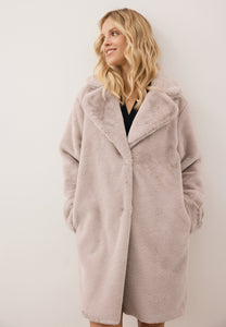 Beige ROMA women’s faux fur coat with logo detail on the sleeve