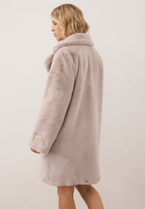 Beige ROMA women’s faux fur coat with logo detail on the sleeve