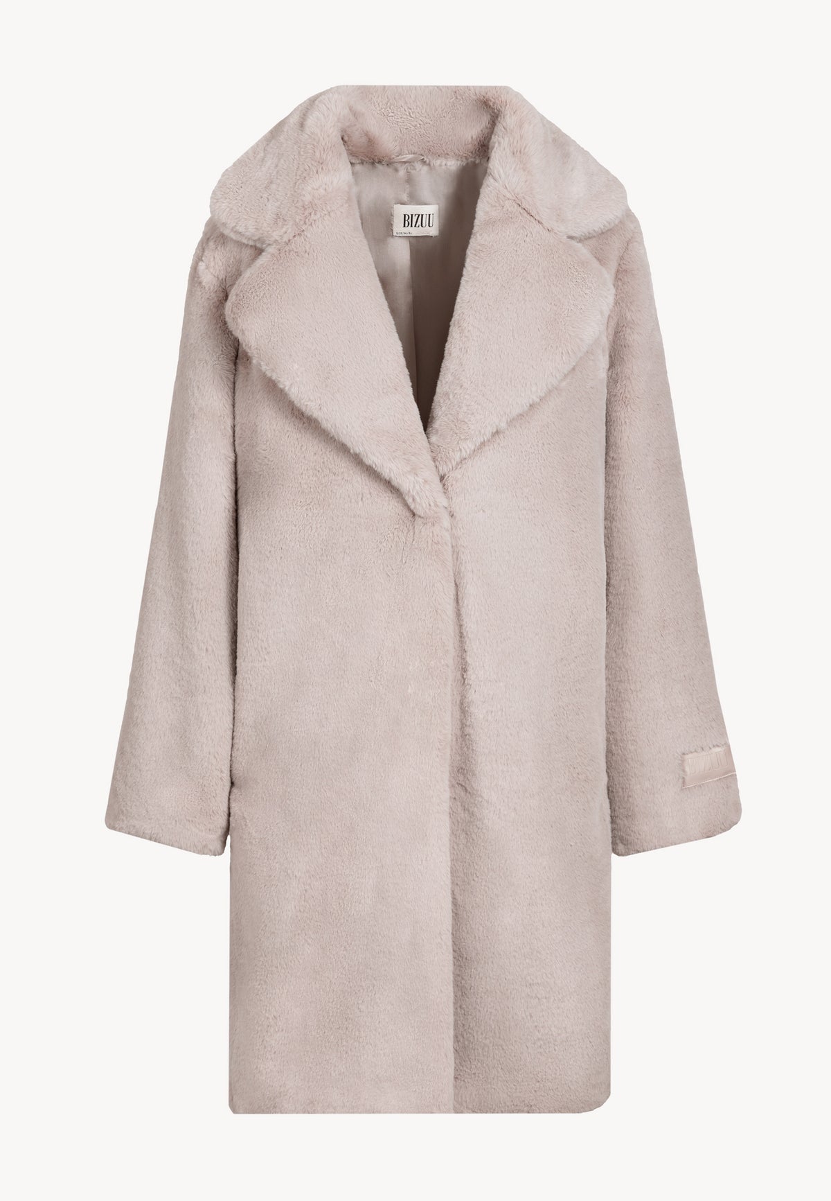 Beige ROMA faux fur coat with embossed logo on the sleeve.