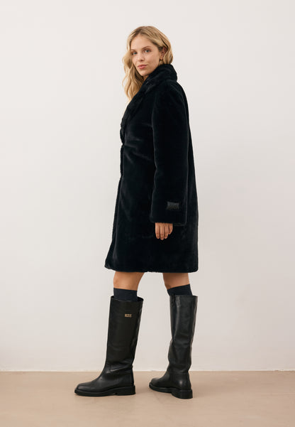 Black ROMA women’s faux fur coat with logo detail on the sleeve
