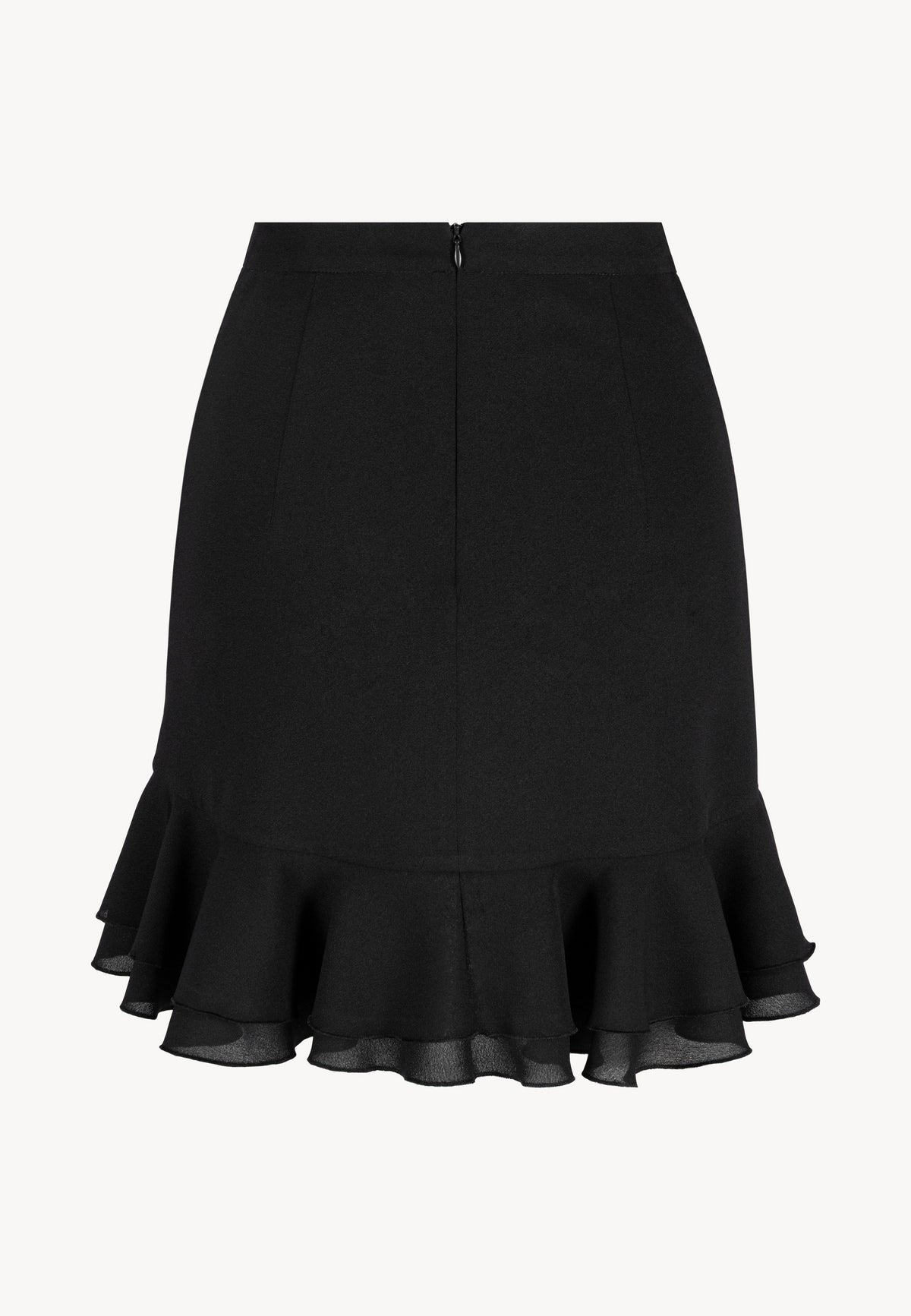 Back view of the black ROSALIAN mini skirt with decorative ruffle.