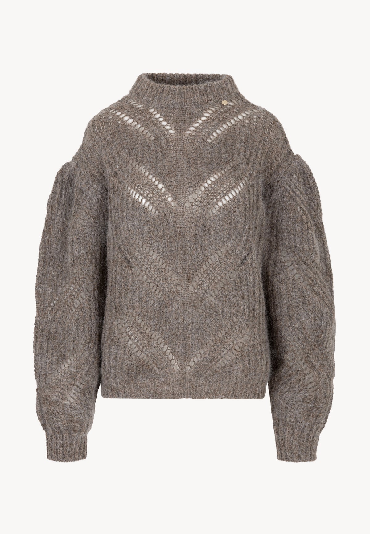 Front view of the beige ROSSO openwork sweater.