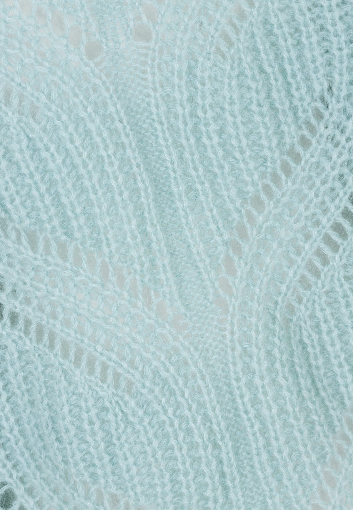 Close-up of the openwork knit pattern on the light blue ROSSO sweater.