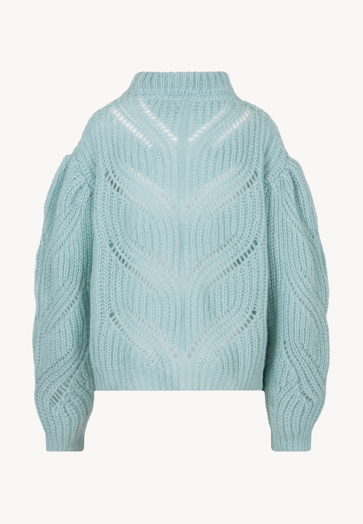 Back view of the light blue ROSSO openwork sweater.