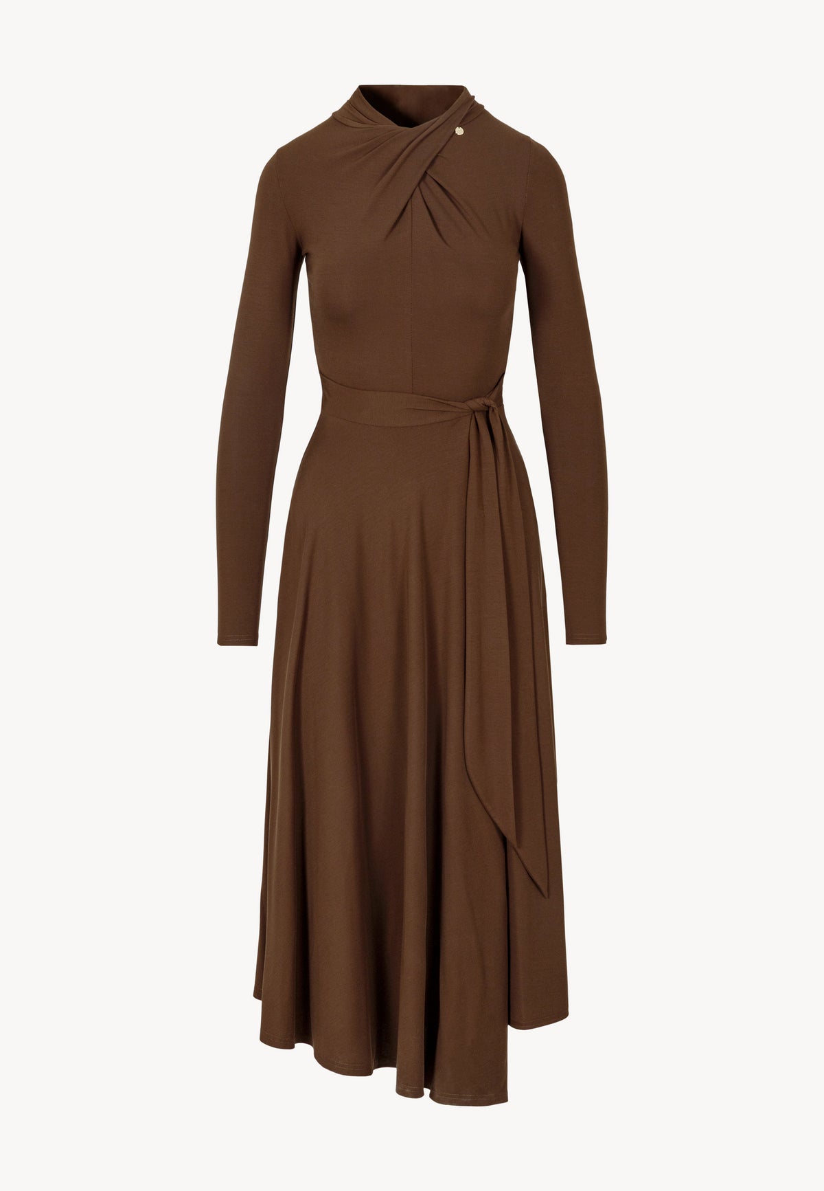 Front view of the elastic ROTTA dress in brown.
